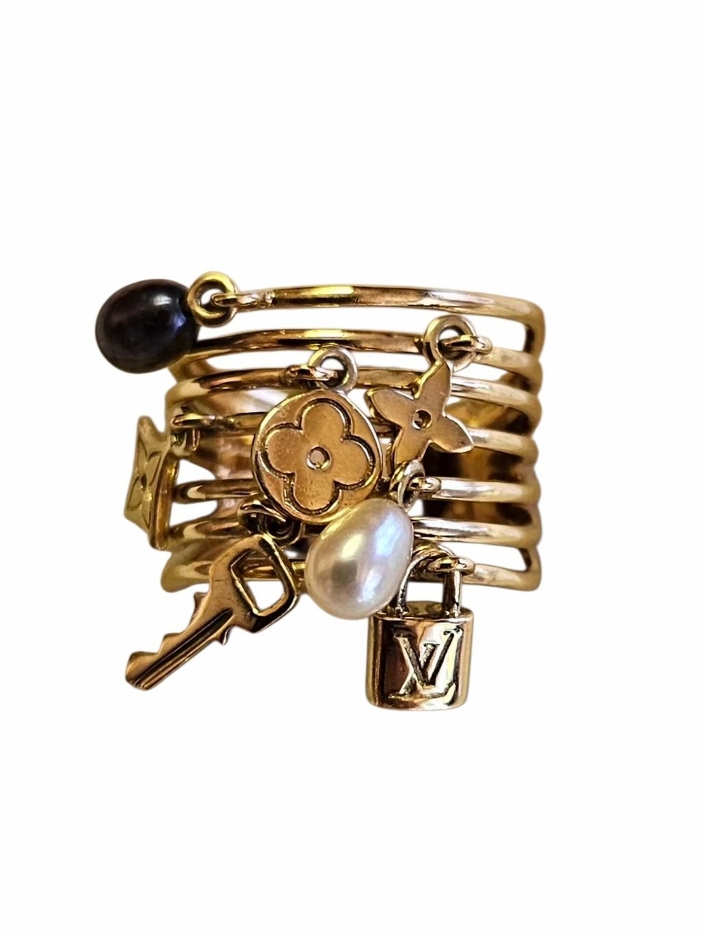 Louis Vuitton 18K Gold Monogram Charms Pearl Cocktail Ring – Size 54